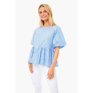 Pomander Place Tuckernuck Blue Stripe Saylor Top Bubble Sleeve Peplum Blouse XXL